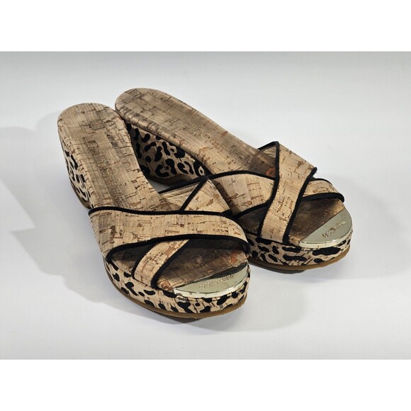 DMS Women's 36 Jimmy Choo Cork Wedge Leopard Peep Toe High Heels Pumps Slides - Picture 2 of 12